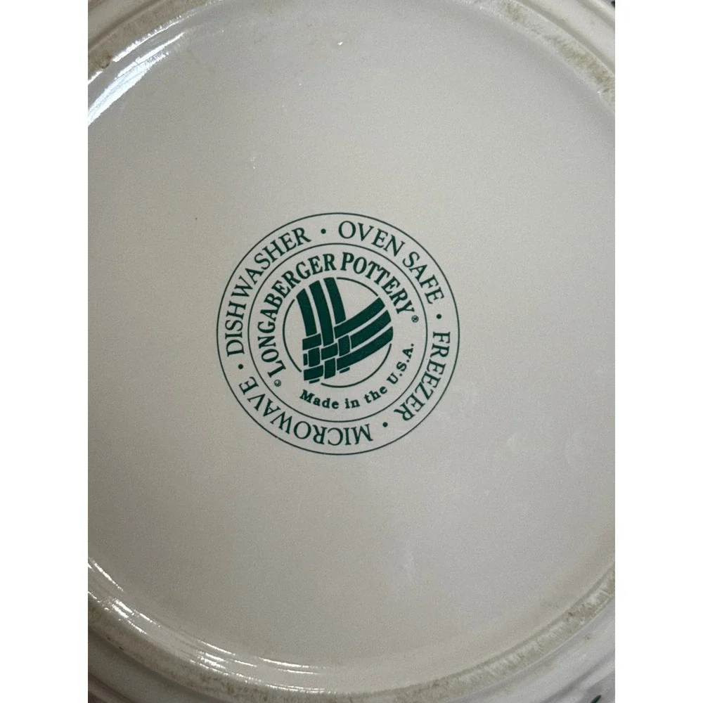 Longaberger Pottery Woven Traditions Ivory Green Pie Plate 10 Inch USA Made